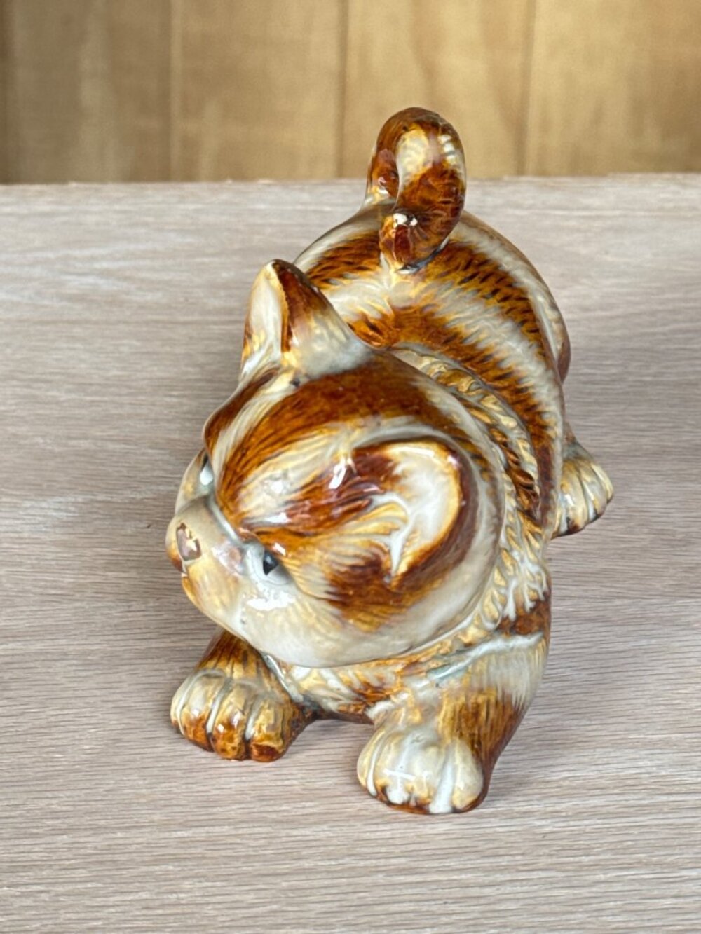 Vintage Ceramic Cat Figurine Brown & Orange Striped Glazed Collectible